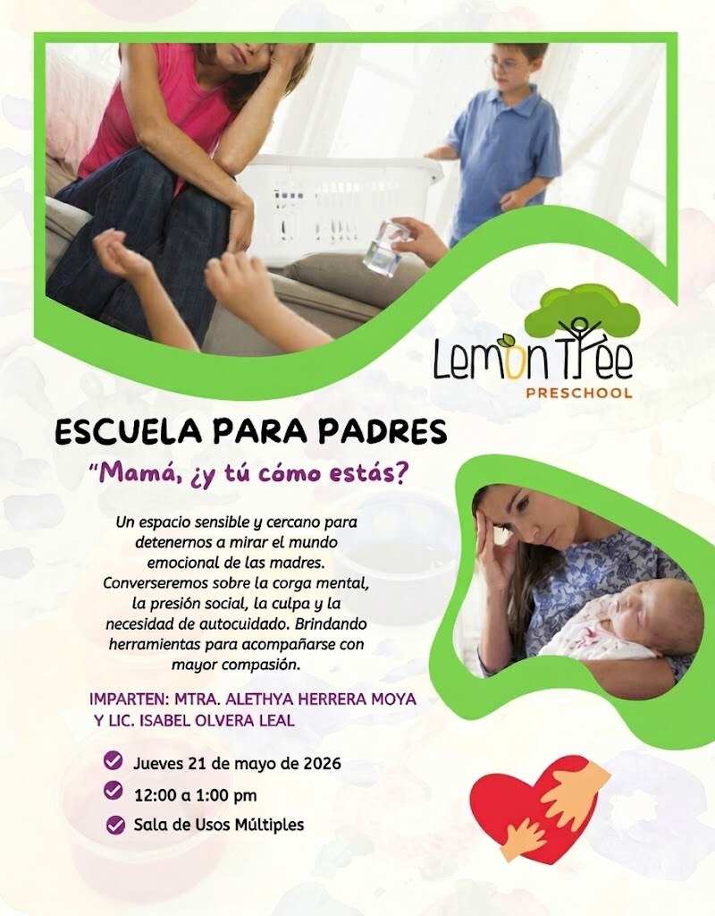 Flyer: Escuela para Padres — Mamá / Papá, ¿y tú cómo estás? — Jueves 21 de mayo de 2026, 12:00 a 1:00 pm, Lemon Tree Preschool